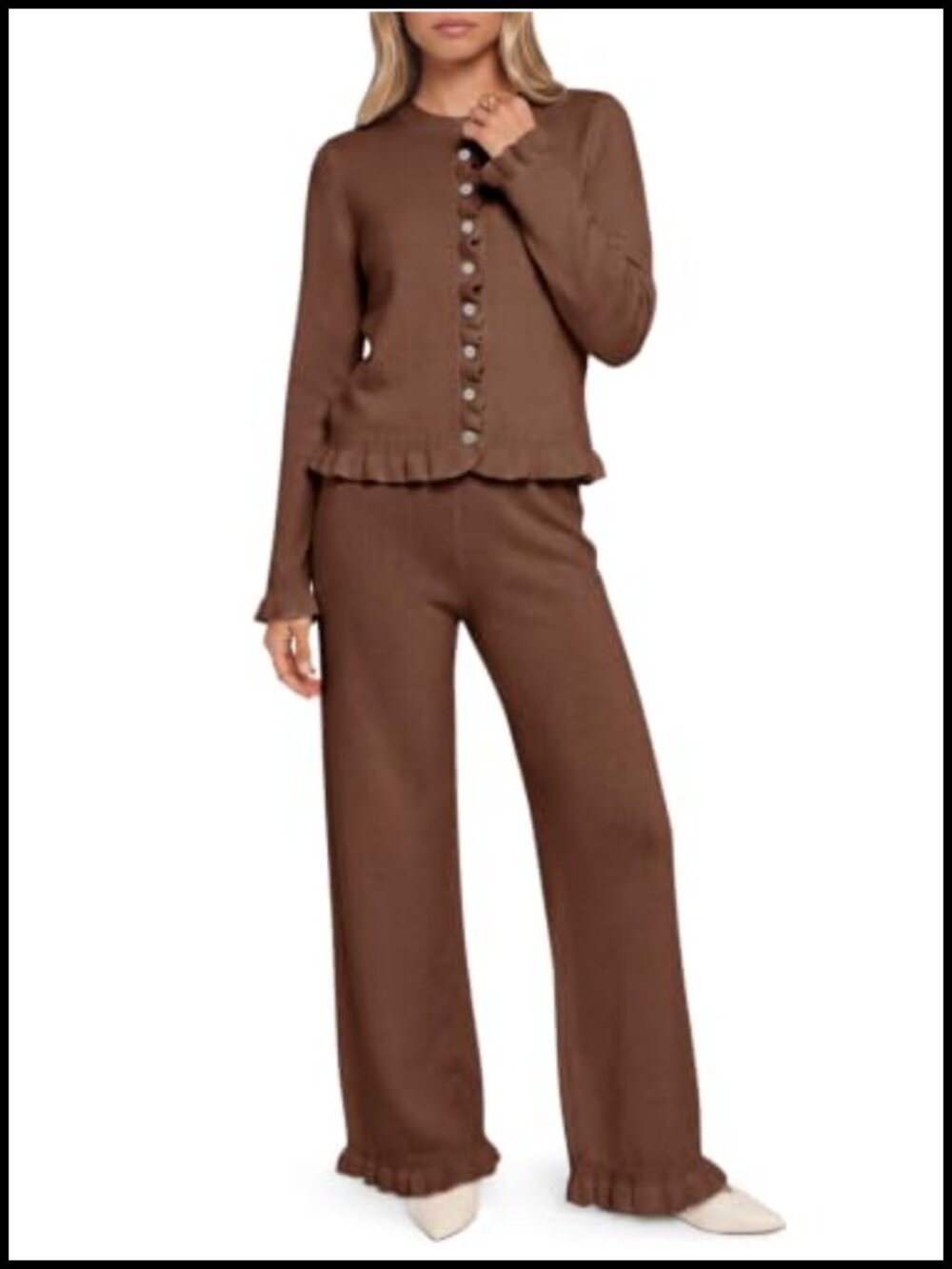 Women's Cozy Knit Lounge Set Cardigan & Wide Leg Pants 2 Piece Ruffle Trim